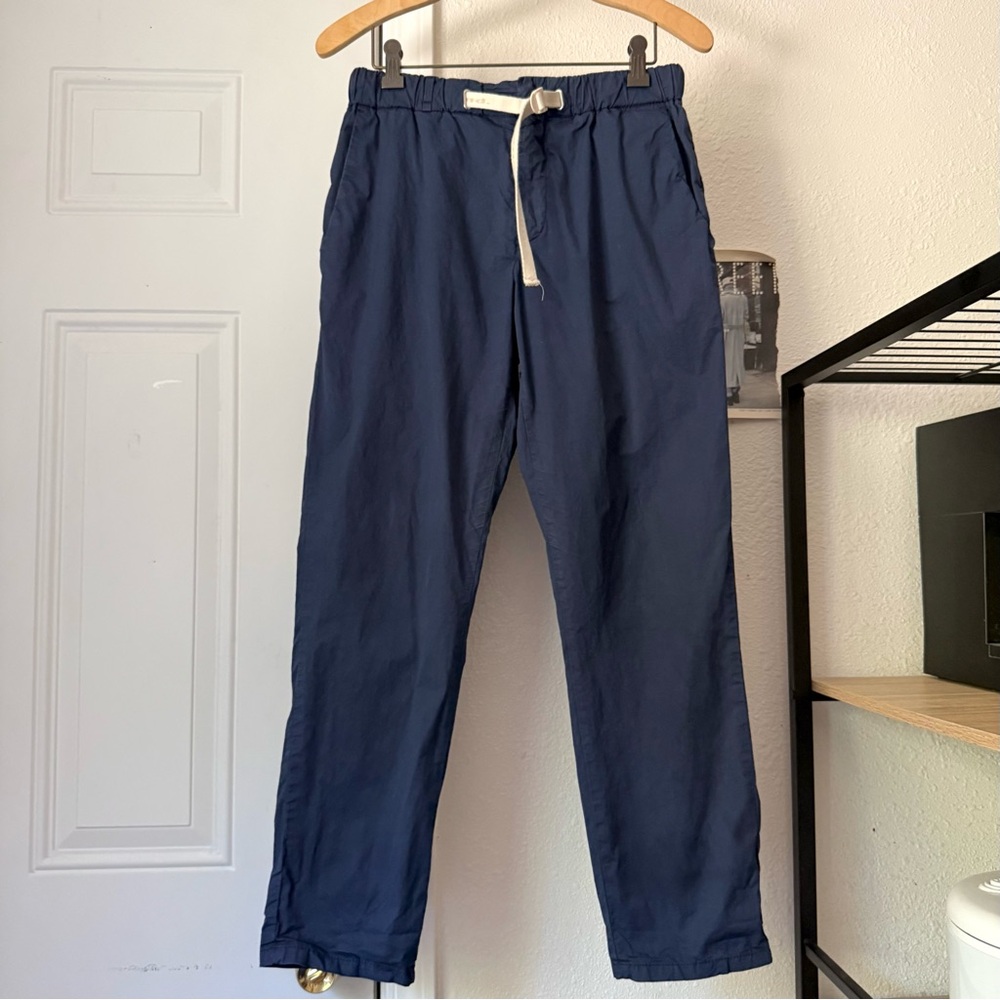 White Sand Navy blue Italy cotton belted slim straight leg pull on‎ pants